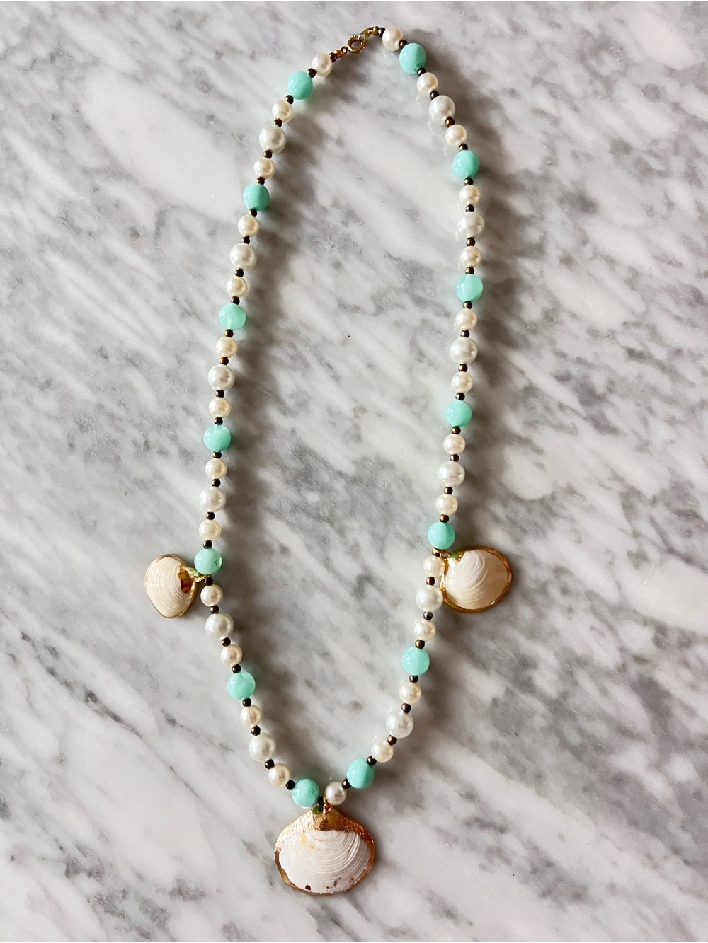 Fashion Pearl & Mint Bead Shell Pendant Necklace Upcycle 24”
